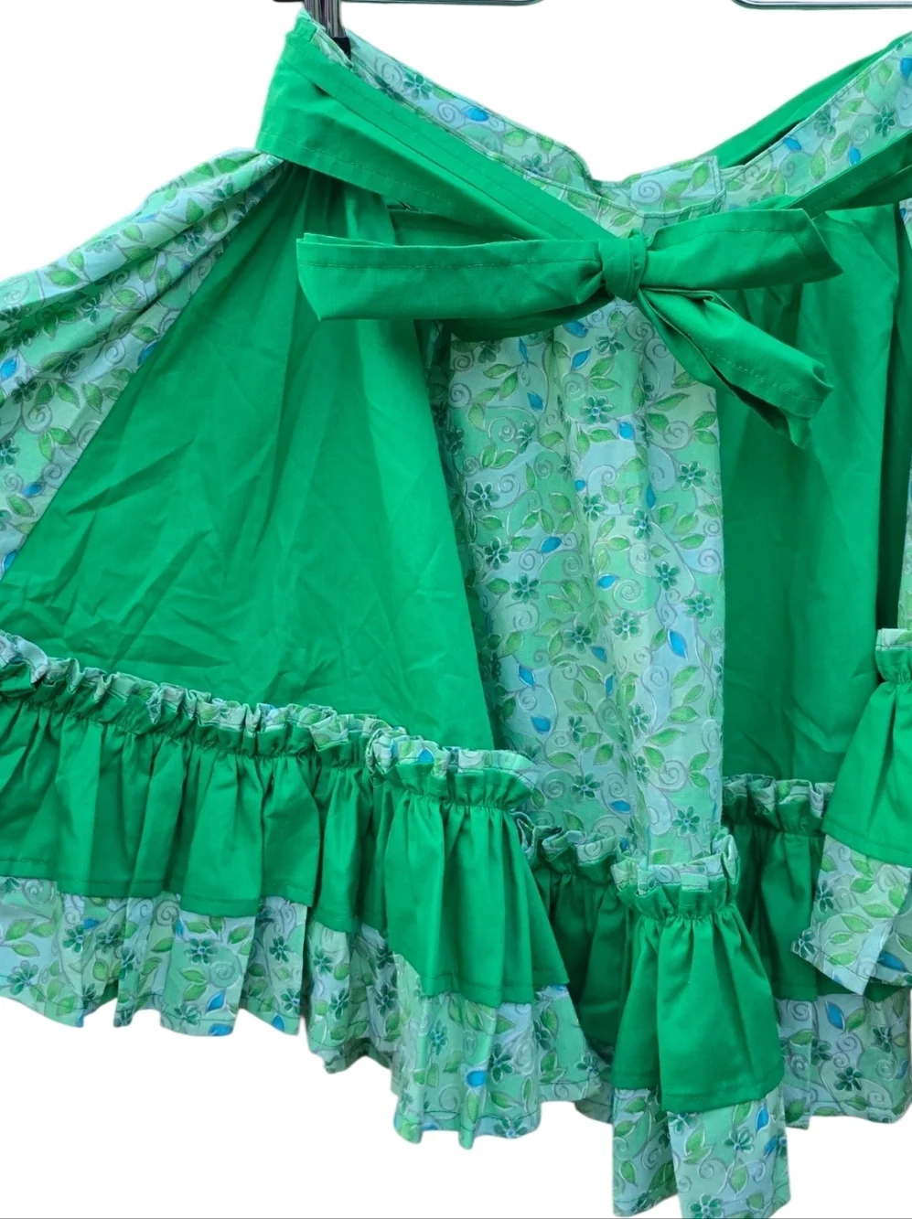 Vintage Green Floral Cotton Square Dance Skirt Cottagecore Prairie Ruffle